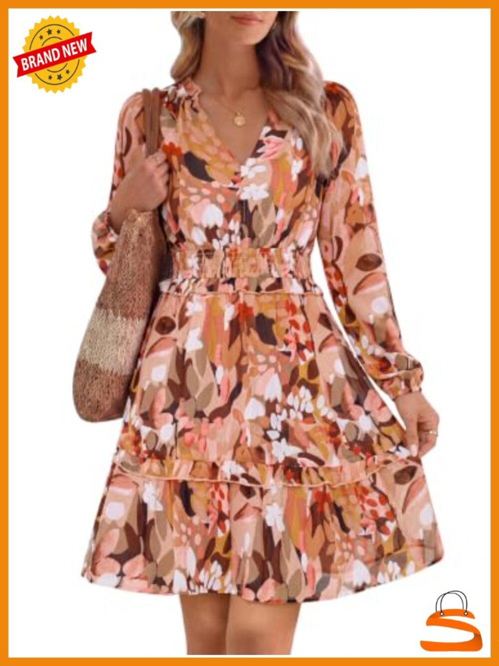 Womens Floral Chiffon Mini Dress Long Sleeve Boho Smocked Waist Wedding Guest